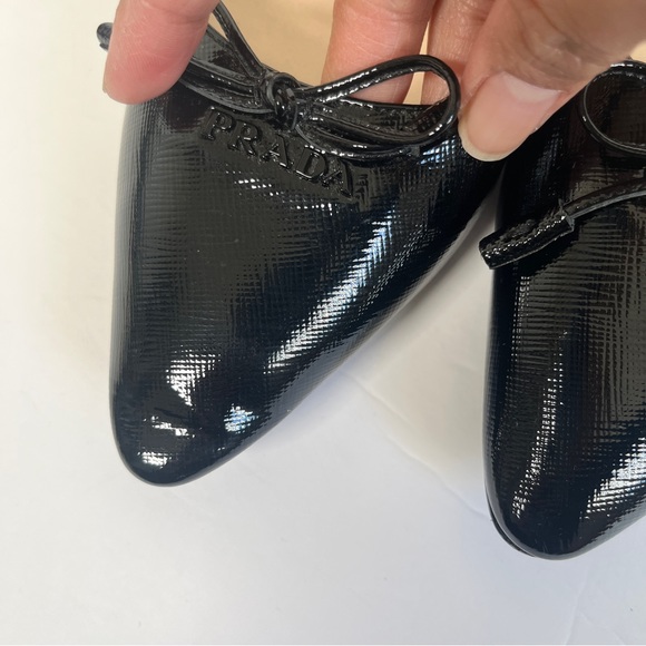 Prada Saffiano Leather Bow Logo Black Pointed Toe Flats - Picture 7 of 14
